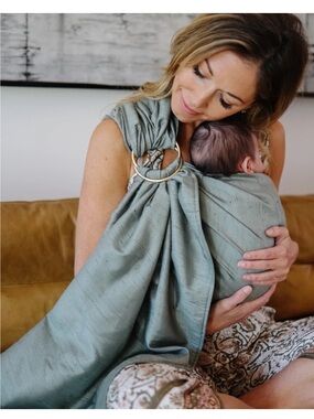 Sakura Bloom Sage Simple linen baby  ring sling Teal